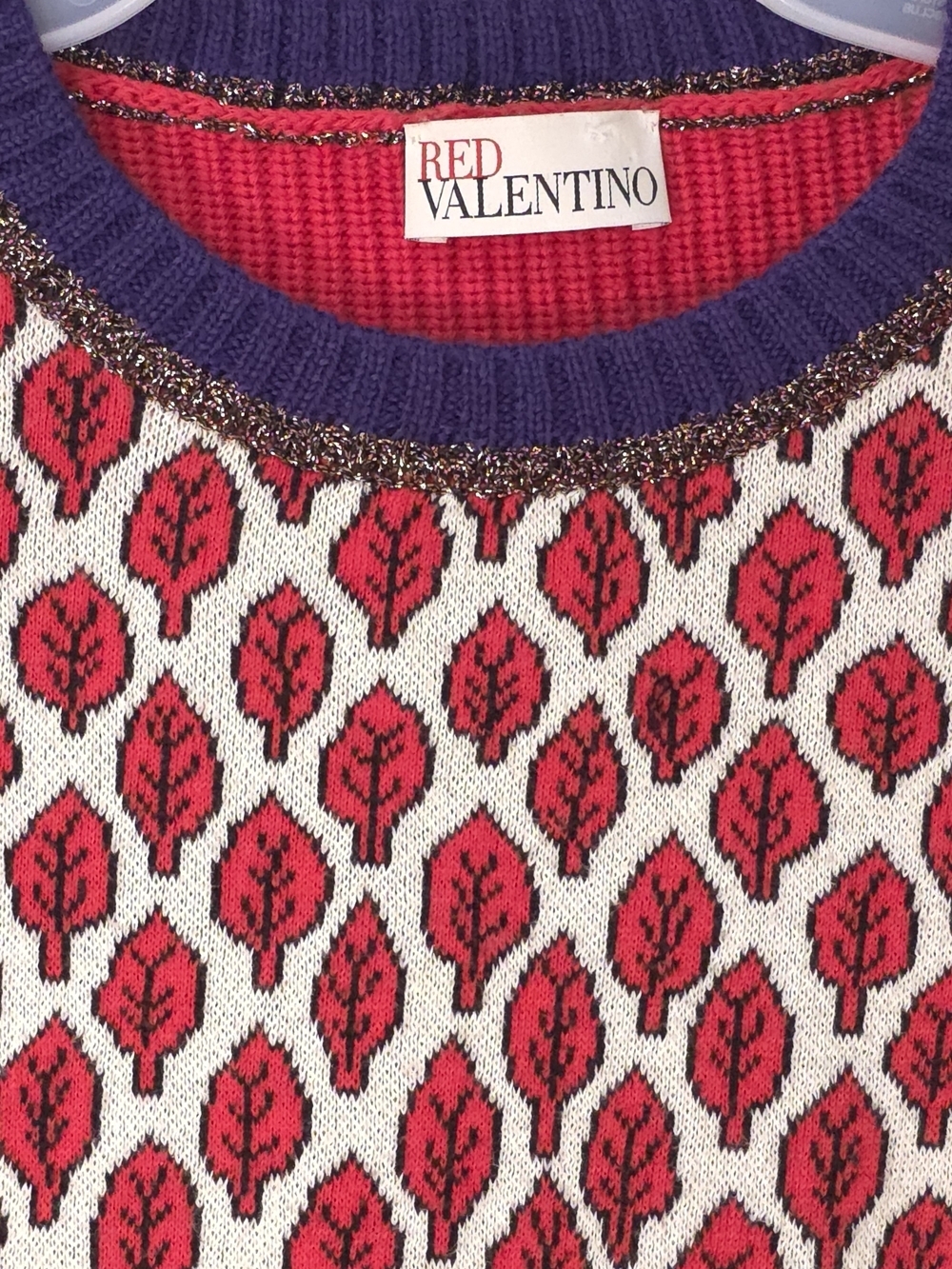 RED Valentino Red Leaf Jacquard Knit Sweater Retro Purple Trim S - Picture 2 of 13